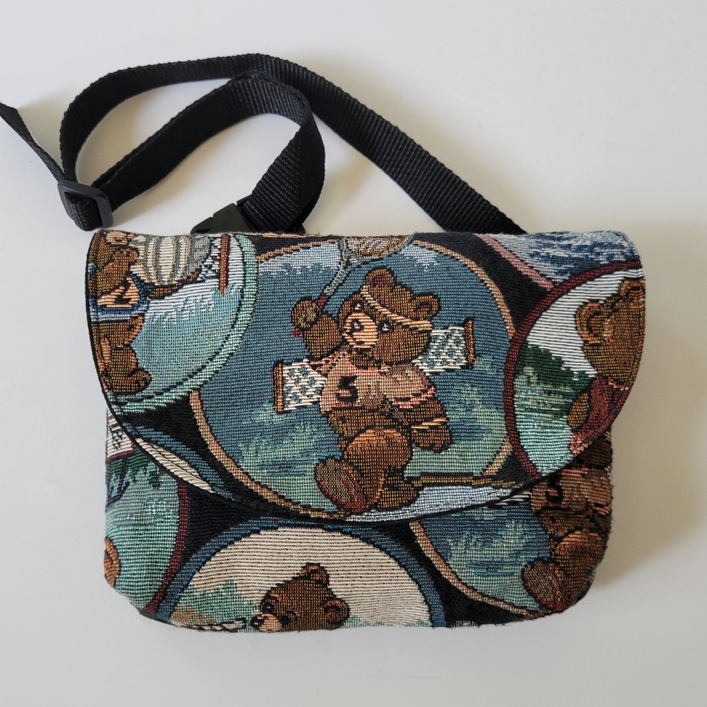 Vintage Woven Teddy Bear Tapestry Belt Bag Cottagecore Grannycore Whimsical‎ 90s